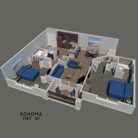 Floor plan for 2 beds, 2 baths, 1187 sqft